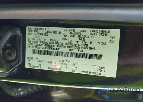 2015 Ford F-150 Lariat z USA, uszkodzony, nr VIN 1FTEW1CG3FKE85136